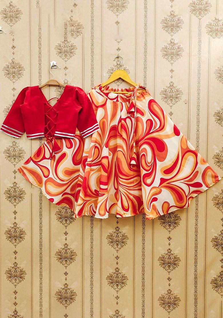 Orange Embroidered Blended Lehenga Choli For Girls - Indya