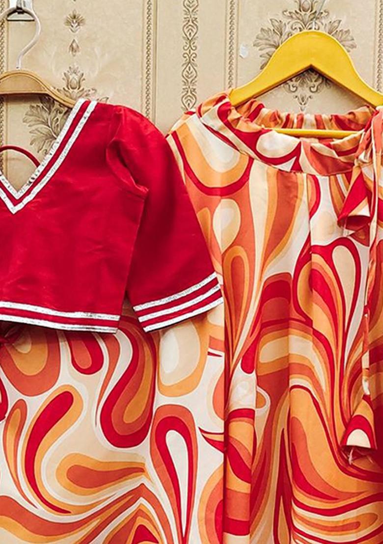 Orange Embroidered Blended Lehenga Choli For Girls - Indya