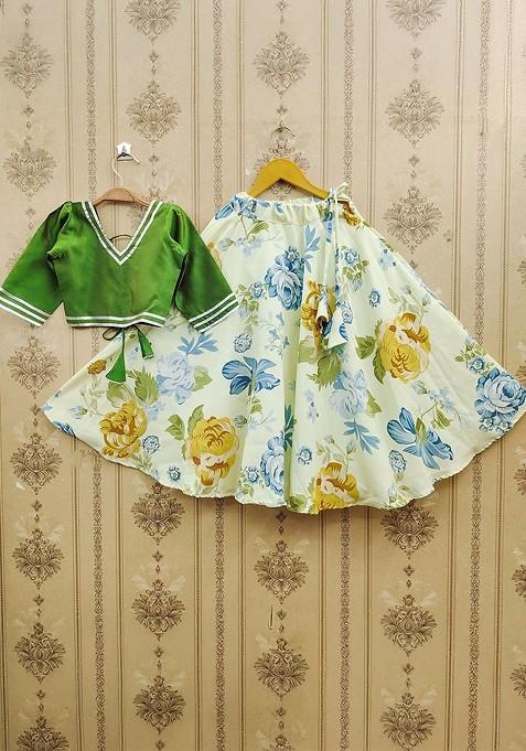 Green Embellished Blended Lehenga Choli For Girls — view on Indya