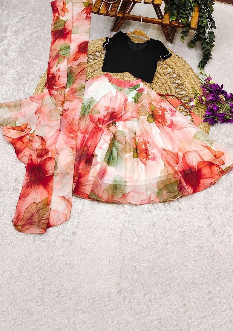 Red Embroidered Blended Lehenga Choli For Girls - Indya