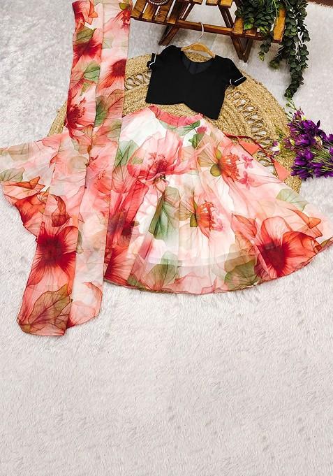 Red Embroidered Blended Lehenga Choli For Girls