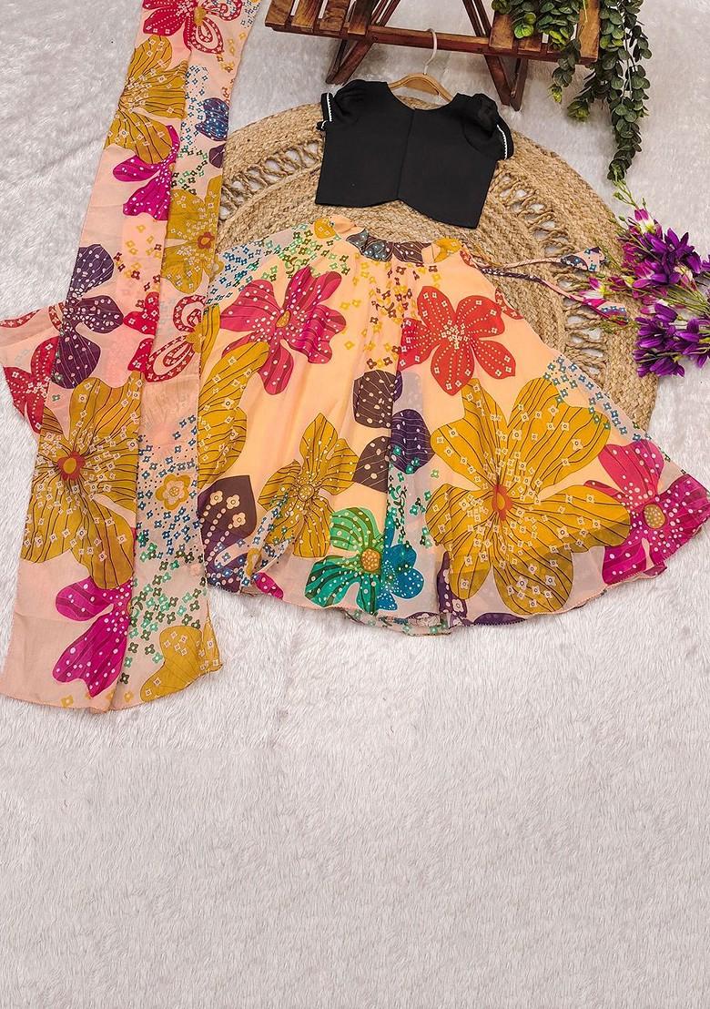 Beige Embroidered Blended Lehenga Choli For Girls - Indya