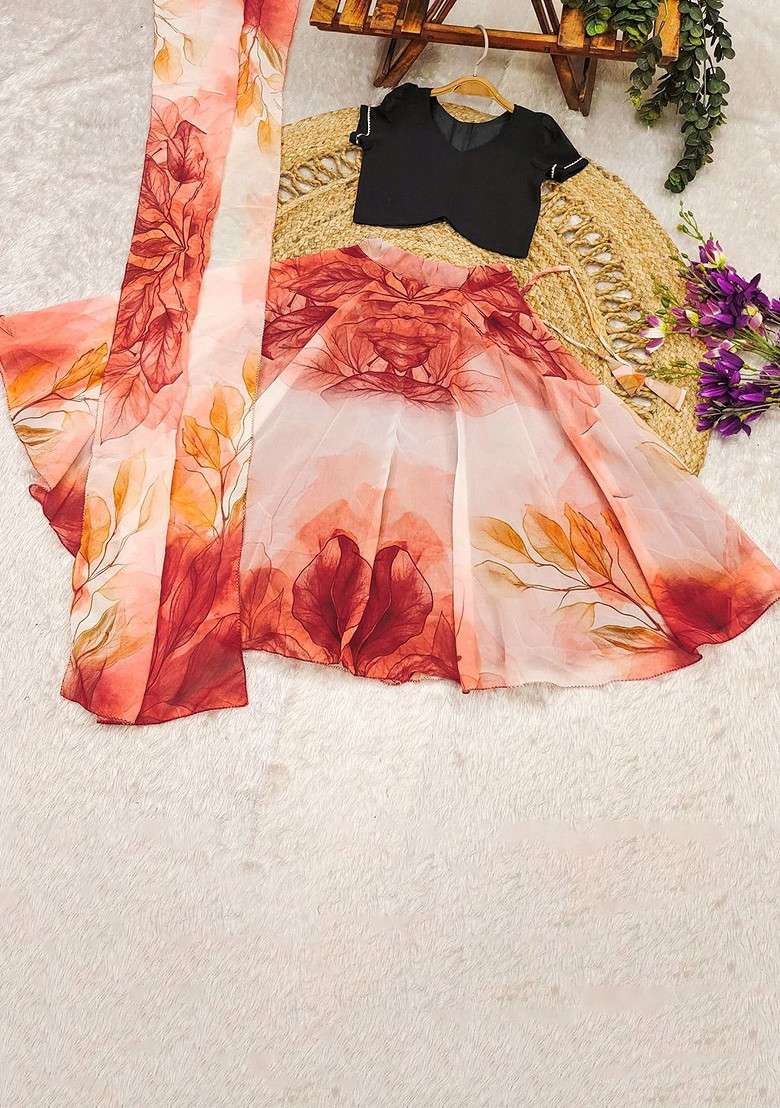 Orange Embroidered Blended Lehenga Choli For Girls - Indya