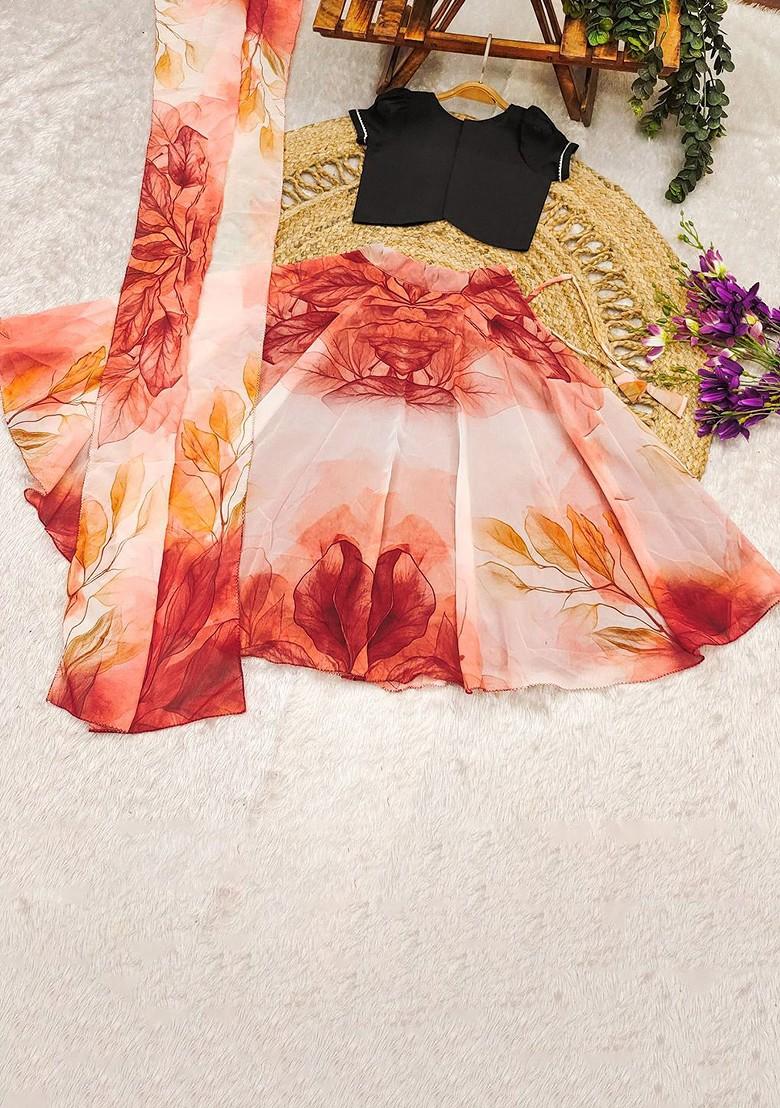 Orange Embroidered Blended Lehenga Choli For Girls - Indya