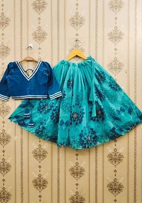 Turquoise Blue Embroidered Blended Lehenga Choli For Girls