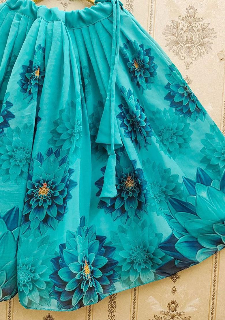 Turquoise Blue Embroidered Blended Lehenga Choli For Girls - Indya