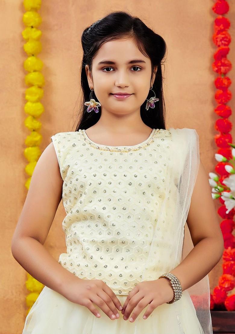 Green Embellished Blended Lehenga Choli For Girls - Indya