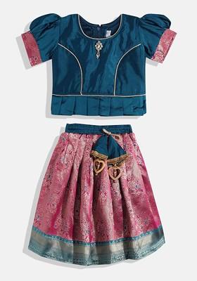 Turquoise Blue Embroidered Blended Lehenga Choli For Girls