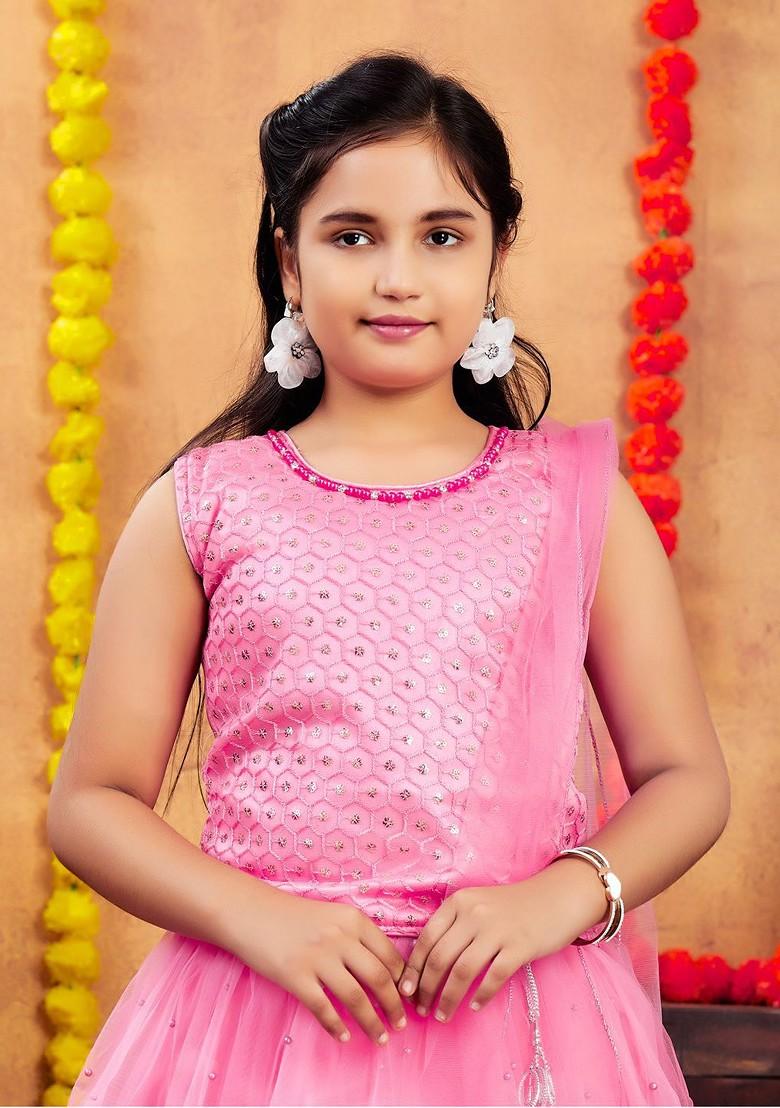 Pink Embroidered Net Lehenga Choli For Girls - Indya