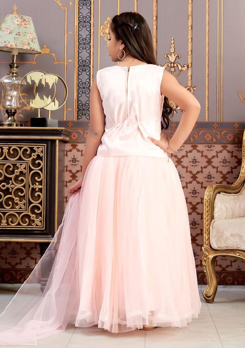 Peach Embroidered Net Lehenga Choli For Girls - Indya