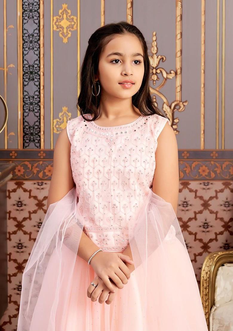 Peach Embroidered Blended Lehenga Choli For Girls - Indya