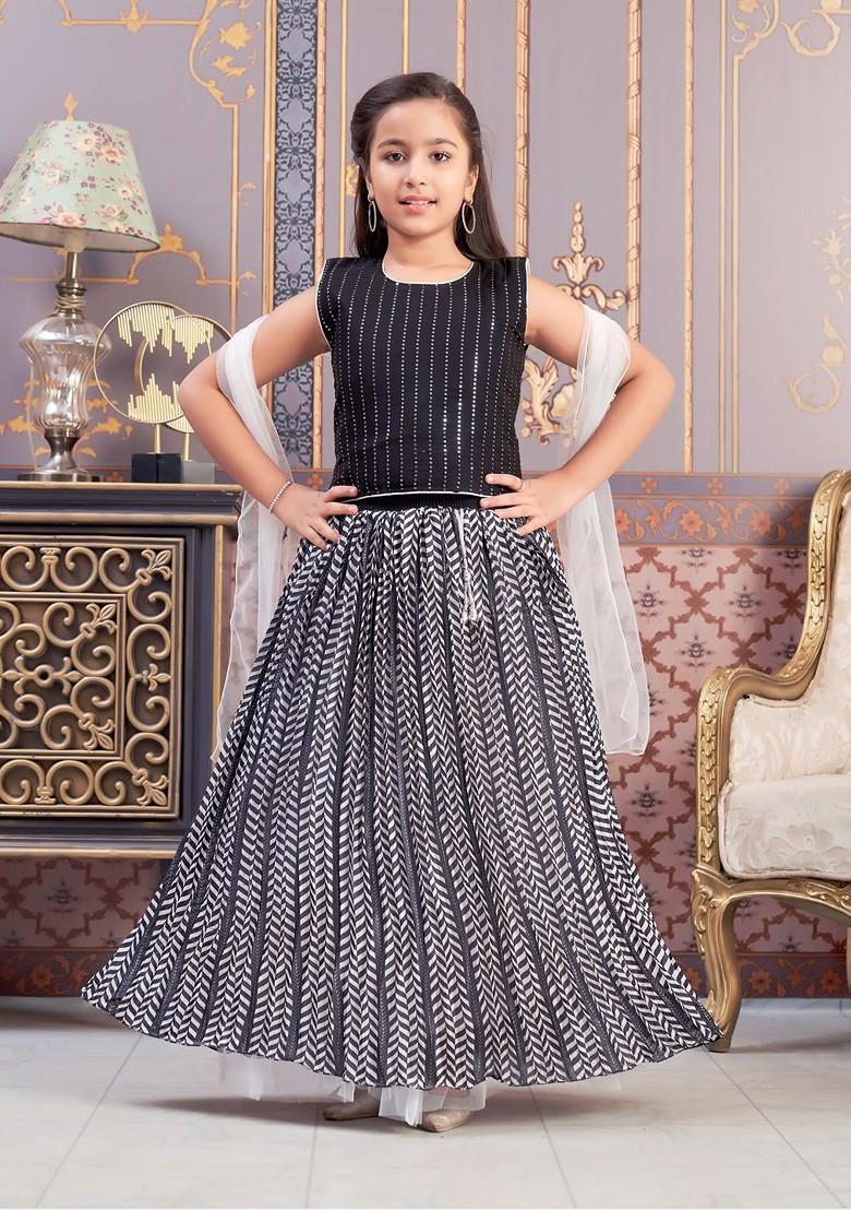 Black Embellished Blended Lehenga Choli For Girls - Indya