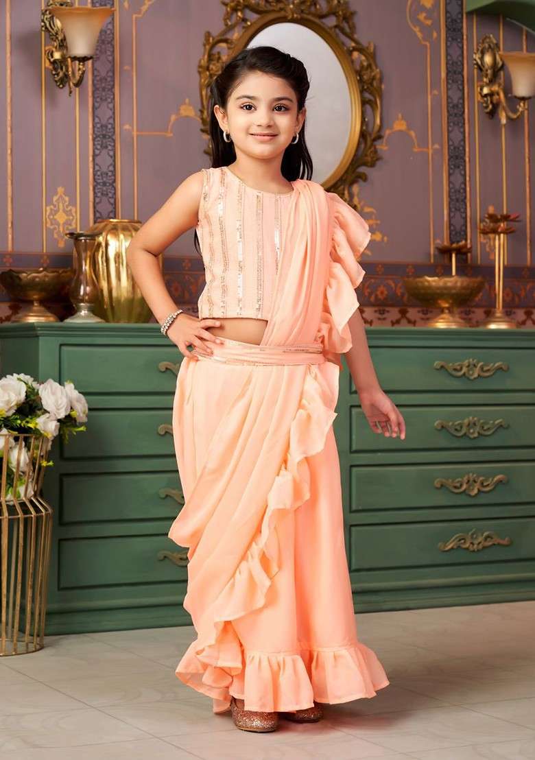 Peach Embellished Blended Lehenga Choli For Girls - Indya