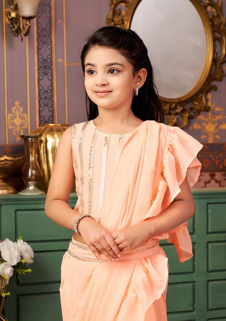Peach Embellished Blended Lehenga Choli For Girls - Indya
