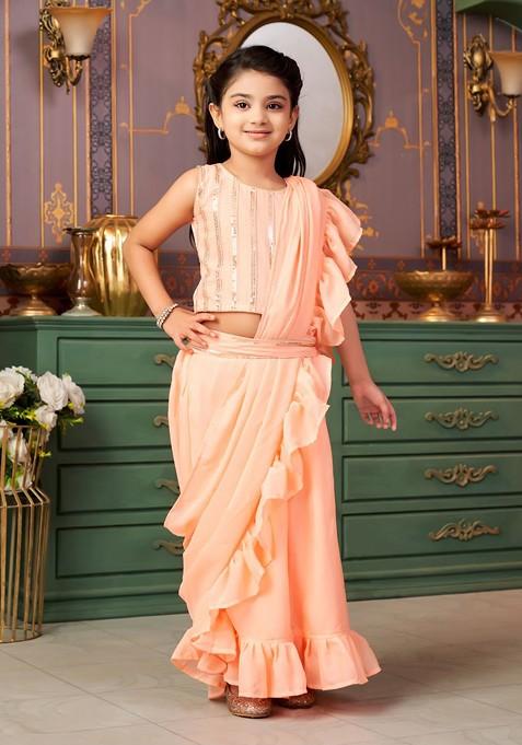 Peach Embellished Blended Lehenga Choli For Girls — view on Indya