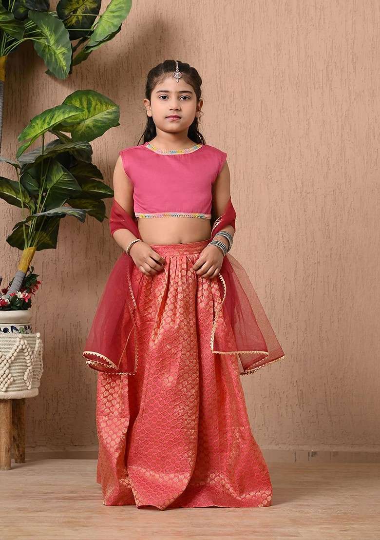 Pink Embroidered Blended Lehenga Choli For Girls - Indya