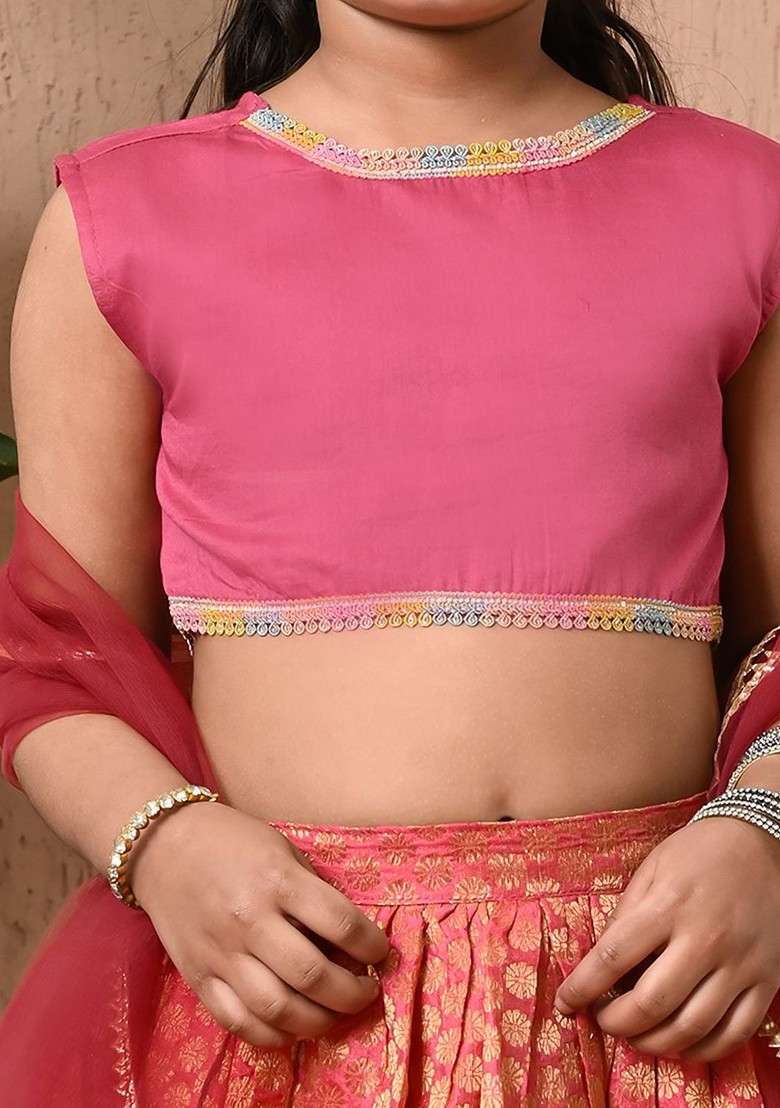 Pink Embroidered Blended Lehenga Choli For Girls - Indya