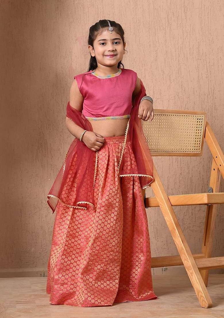 Pink Embroidered Blended Lehenga Choli For Girls - Indya