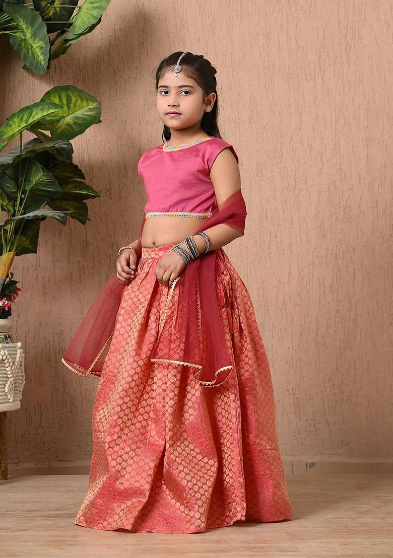 Pink Embroidered Blended Lehenga Choli For Girls - Indya