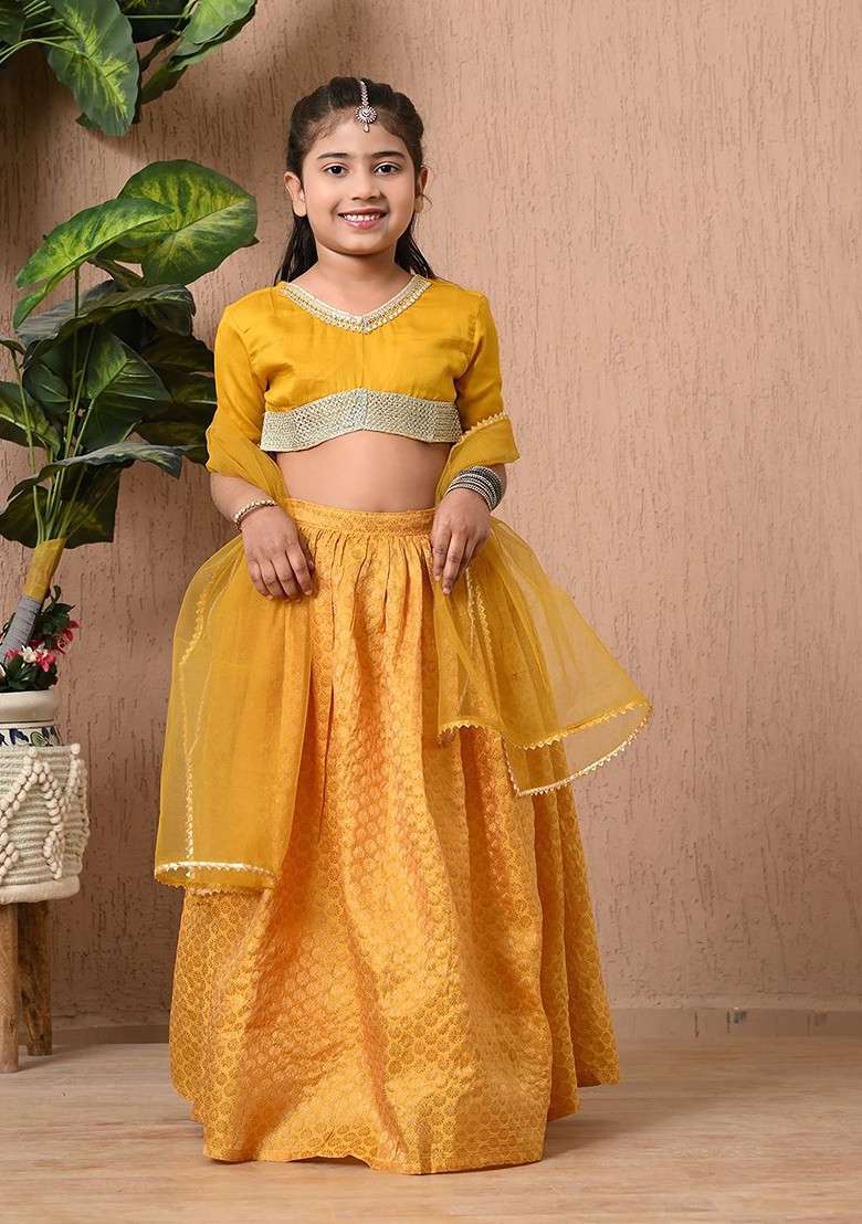 Yellow Embroidered Blended Lehenga Choli For Girls - Indya