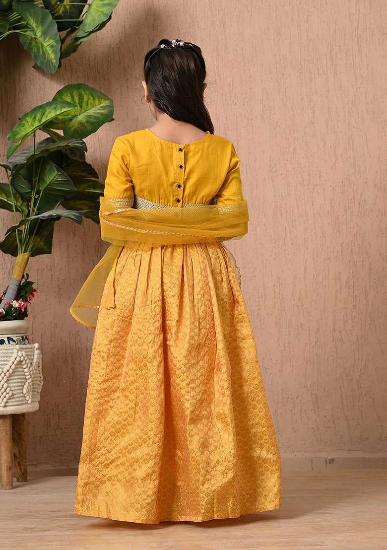 Yellow Embroidered Blended Lehenga Choli For Girls - Indya