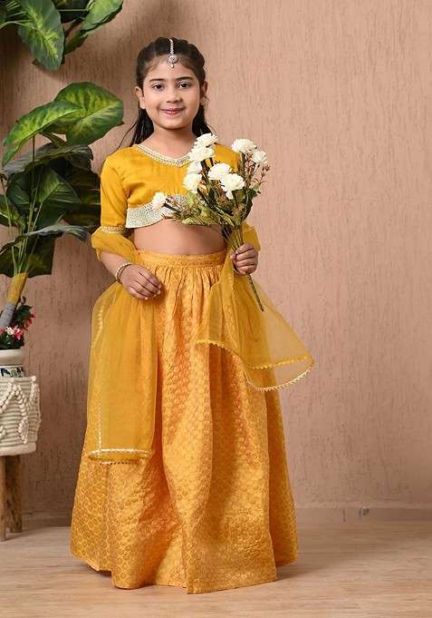 Yellow Embroidered Blended Lehenga Choli For Girls