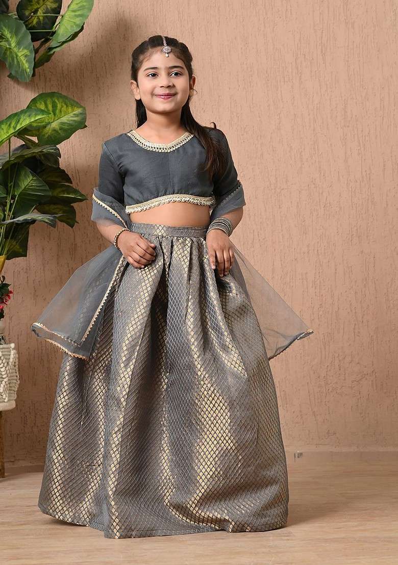 Grey Embroidered Blended Lehenga Choli For Girls - Indya