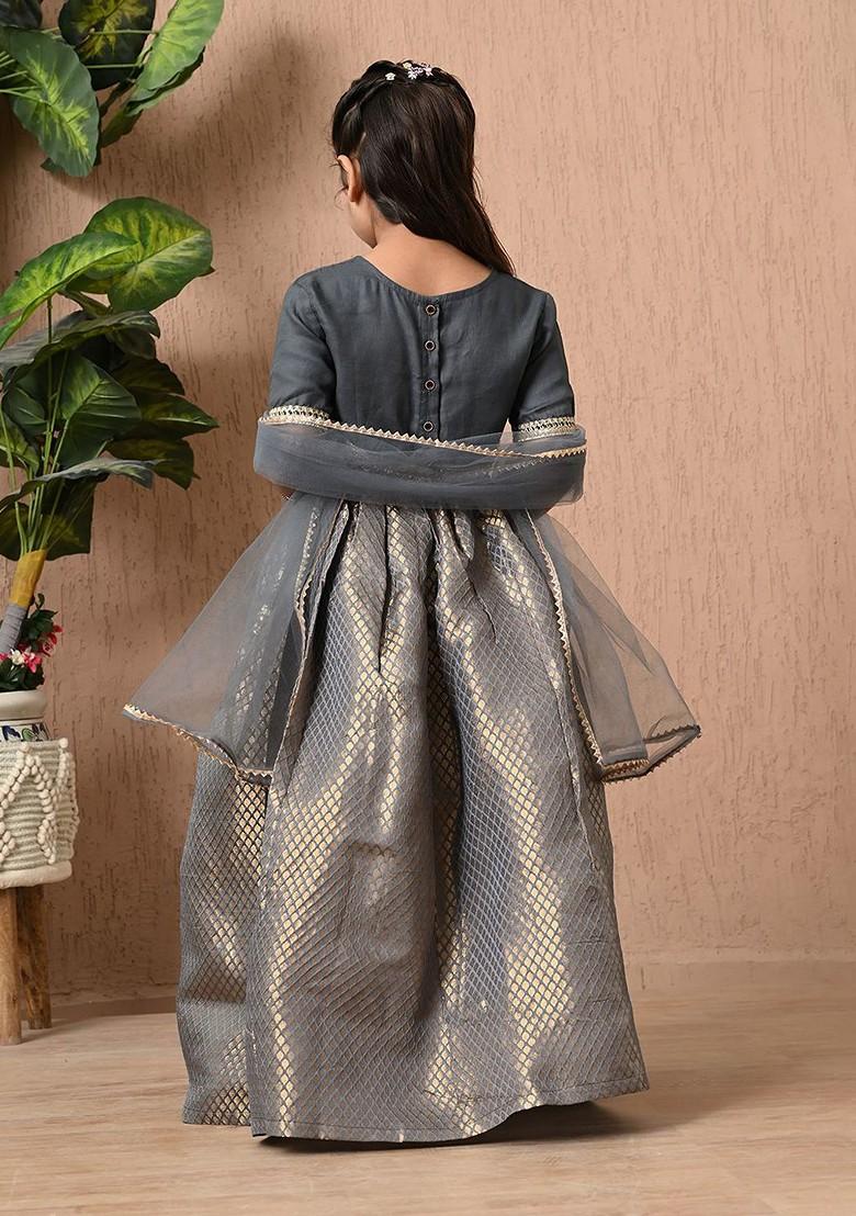 Grey Embroidered Blended Lehenga Choli For Girls - Indya
