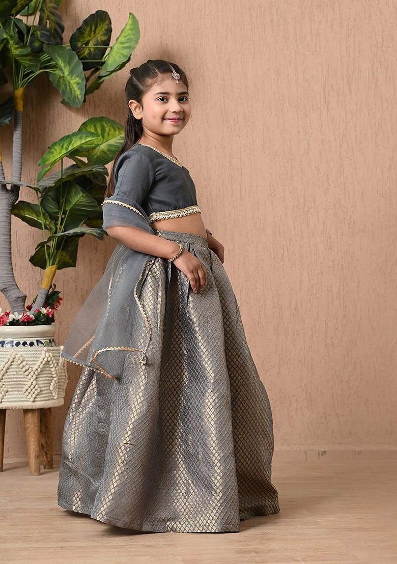 Grey Embroidered Blended Lehenga Choli For Girls - Indya