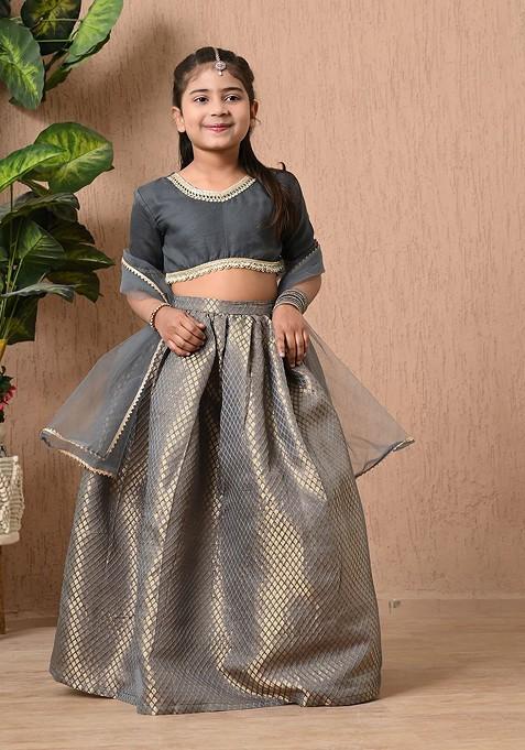 Grey Embroidered Blended Lehenga Choli For Girls — view on Indya