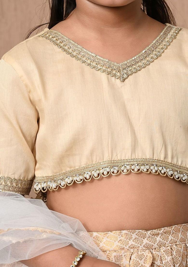 Cream Embroidered Blended Lehenga Choli For Girls - Indya