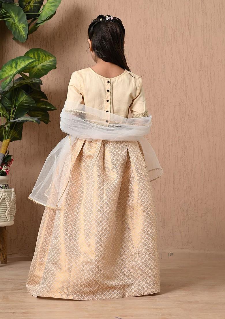 Cream Embroidered Blended Lehenga Choli For Girls - Indya