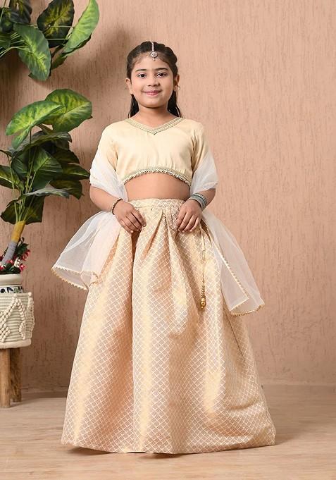 Cream Embroidered Blended Lehenga Choli For Girls