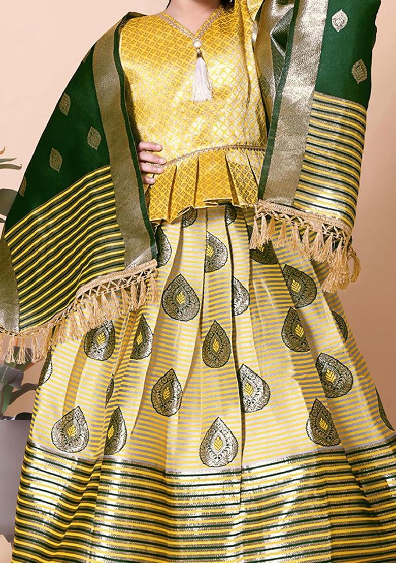 Yellow Zari Blended Lehenga Choli For Girls - Indya