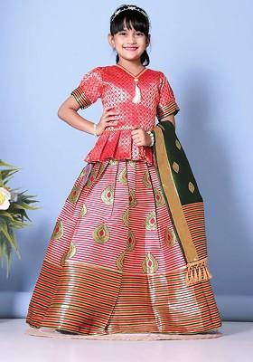 Peach Zari Blended Lehenga Choli For Girls