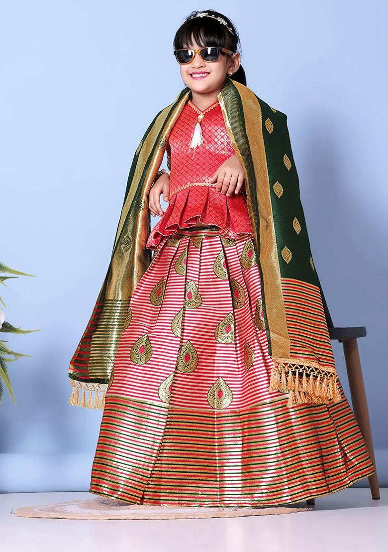 Peach Zari Blended Lehenga Choli For Girls - Indya