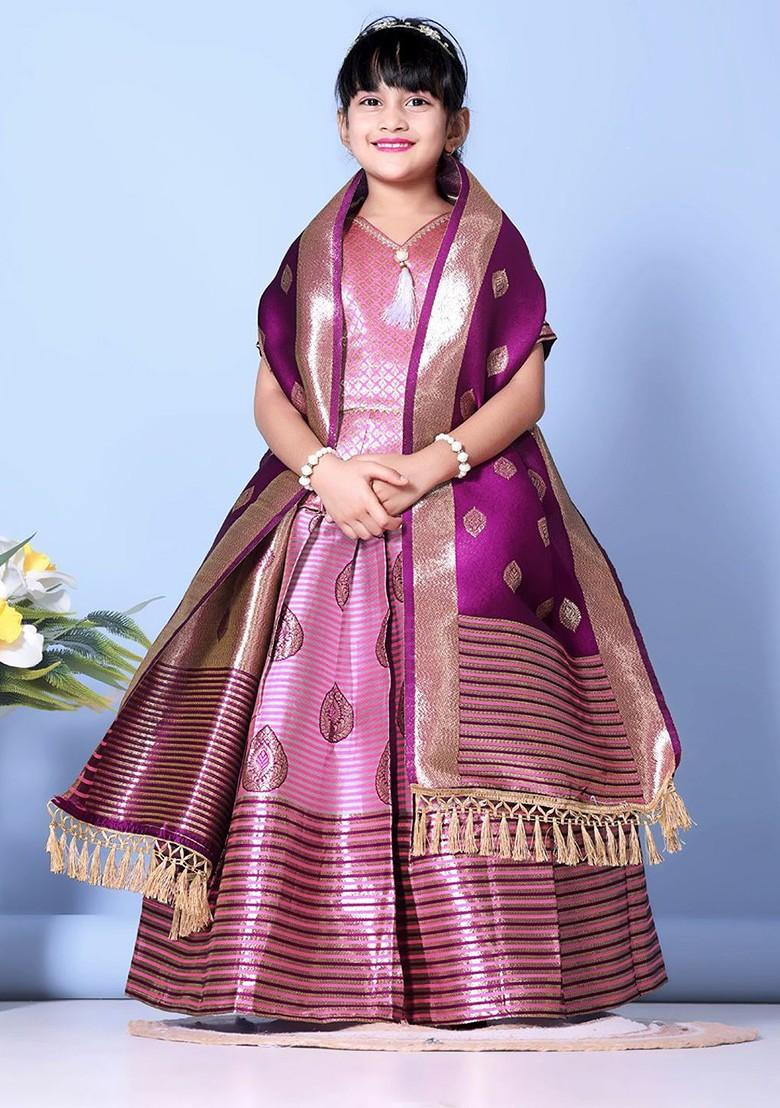 Purple Embroidered Blended Lehenga Choli For Girls - Indya