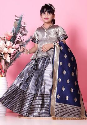 Grey Embroidered Blended Lehenga Choli For Girls