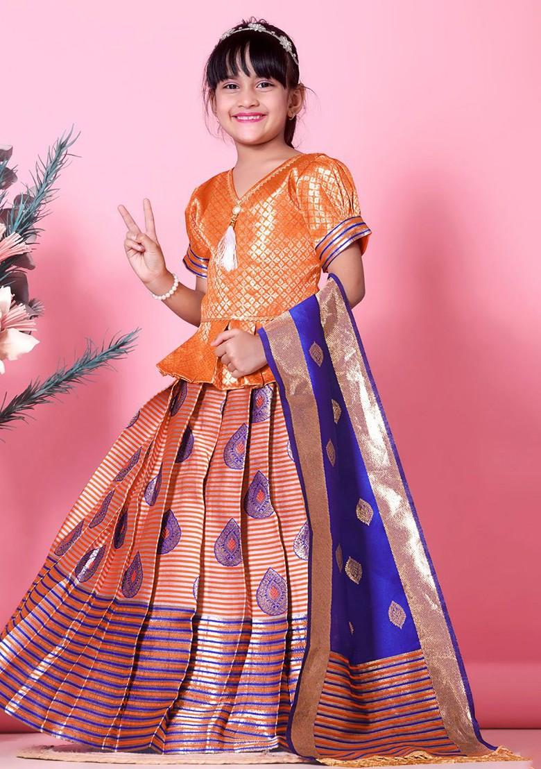 Orange Embroidered Blended Lehenga Choli For Girls - Indya