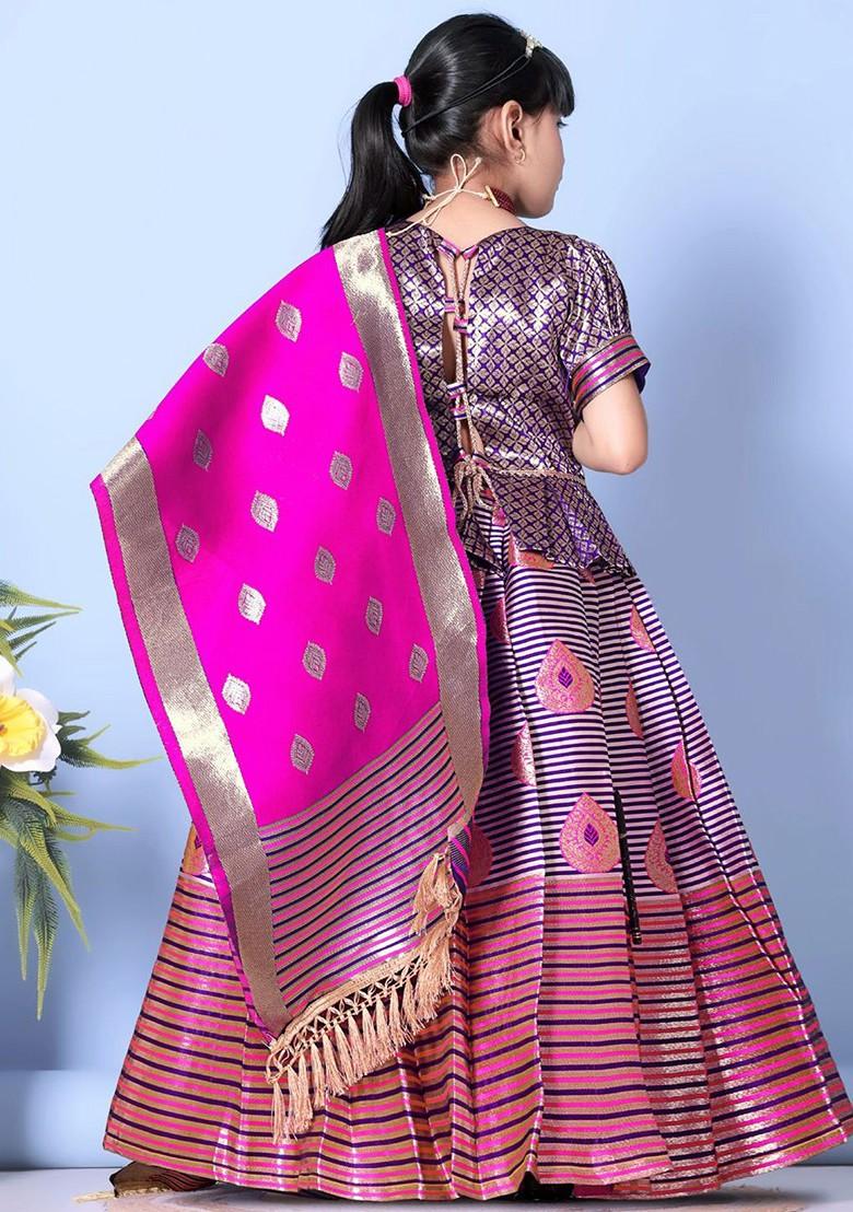 Magenta Embroidered Blended Lehenga Choli For Girls - Indya
