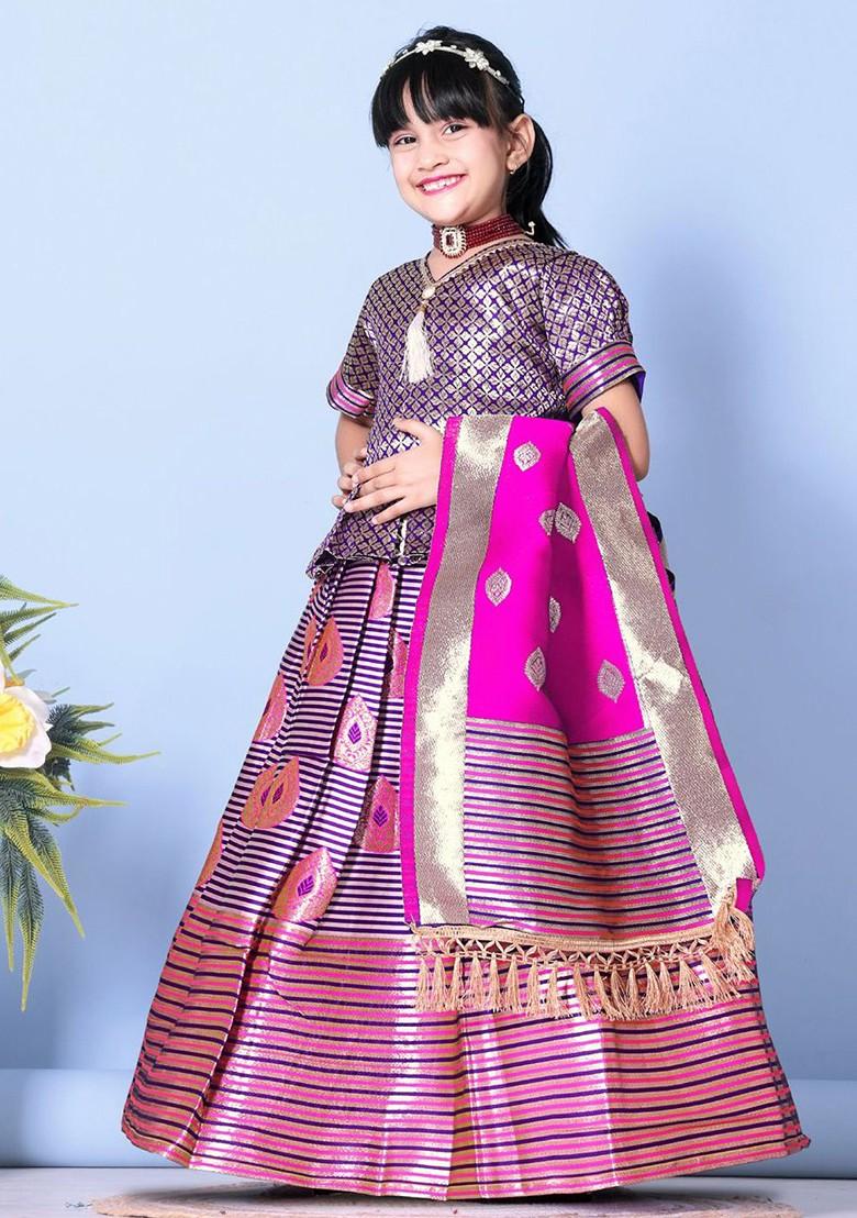 Magenta Embroidered Blended Lehenga Choli For Girls - Indya