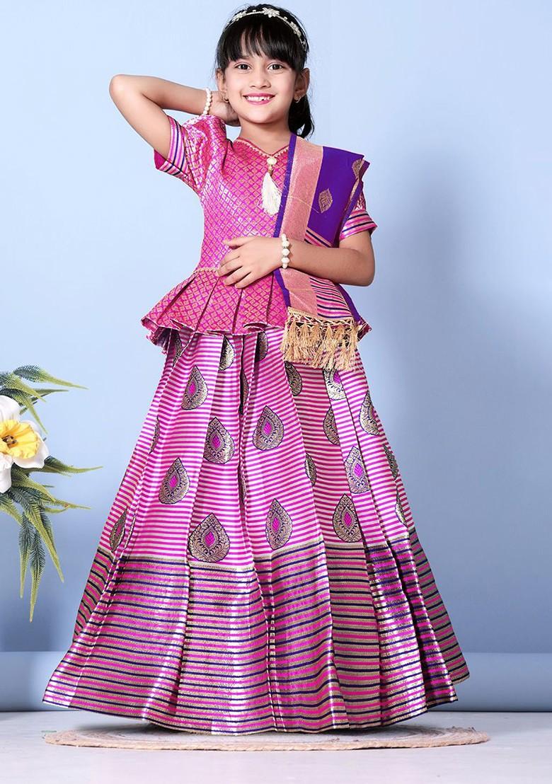 Fuchsia Embroidered Blended Lehenga Choli For Girls - Indya