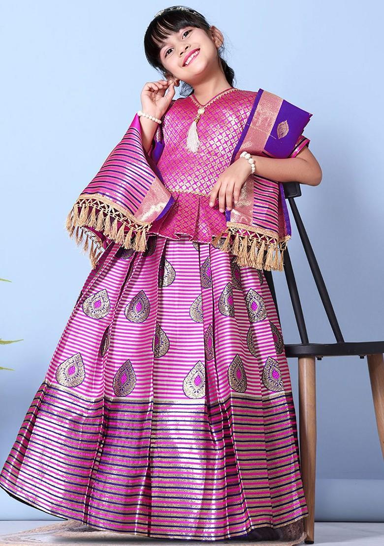 Fuchsia Embroidered Blended Lehenga Choli For Girls - Indya