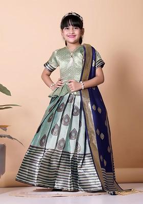 Sea Green Embroidered Blended Lehenga Choli For Girls