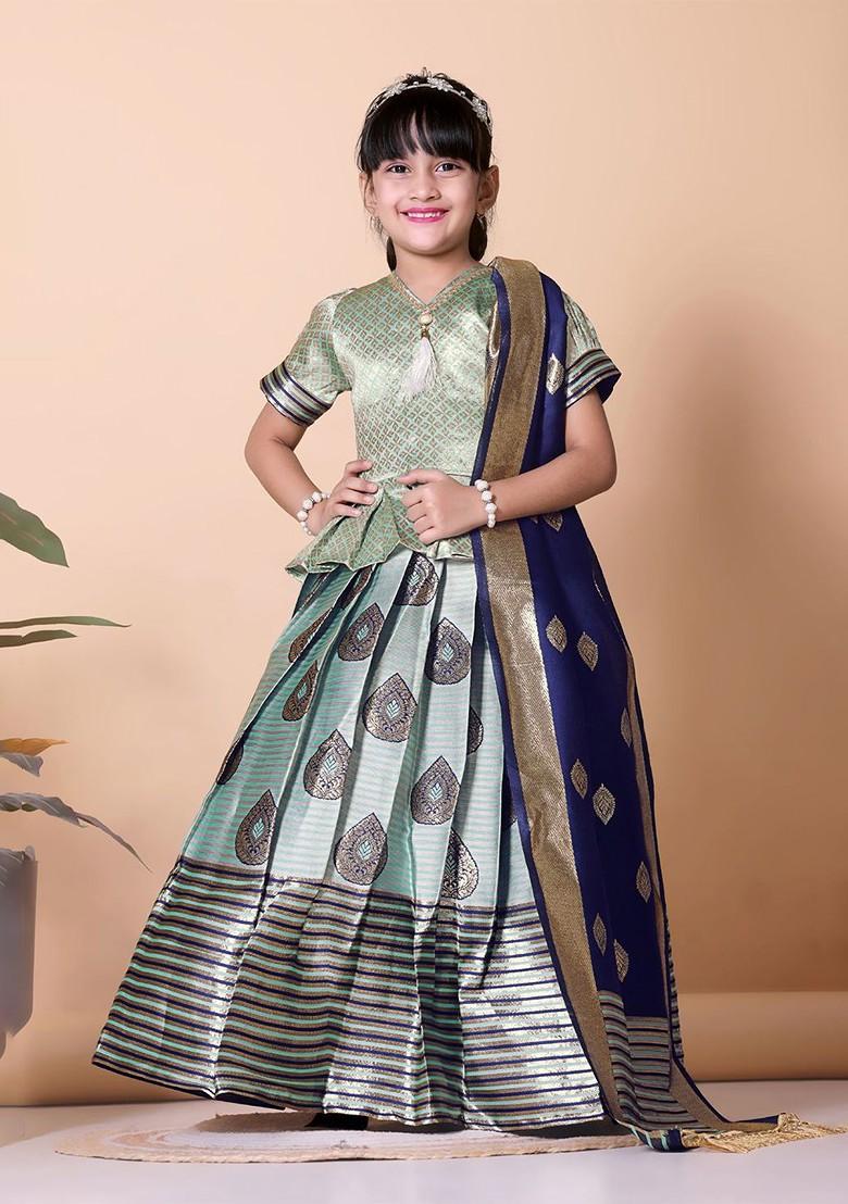 Sea Green Embroidered Blended Lehenga Choli For Girls - Indya