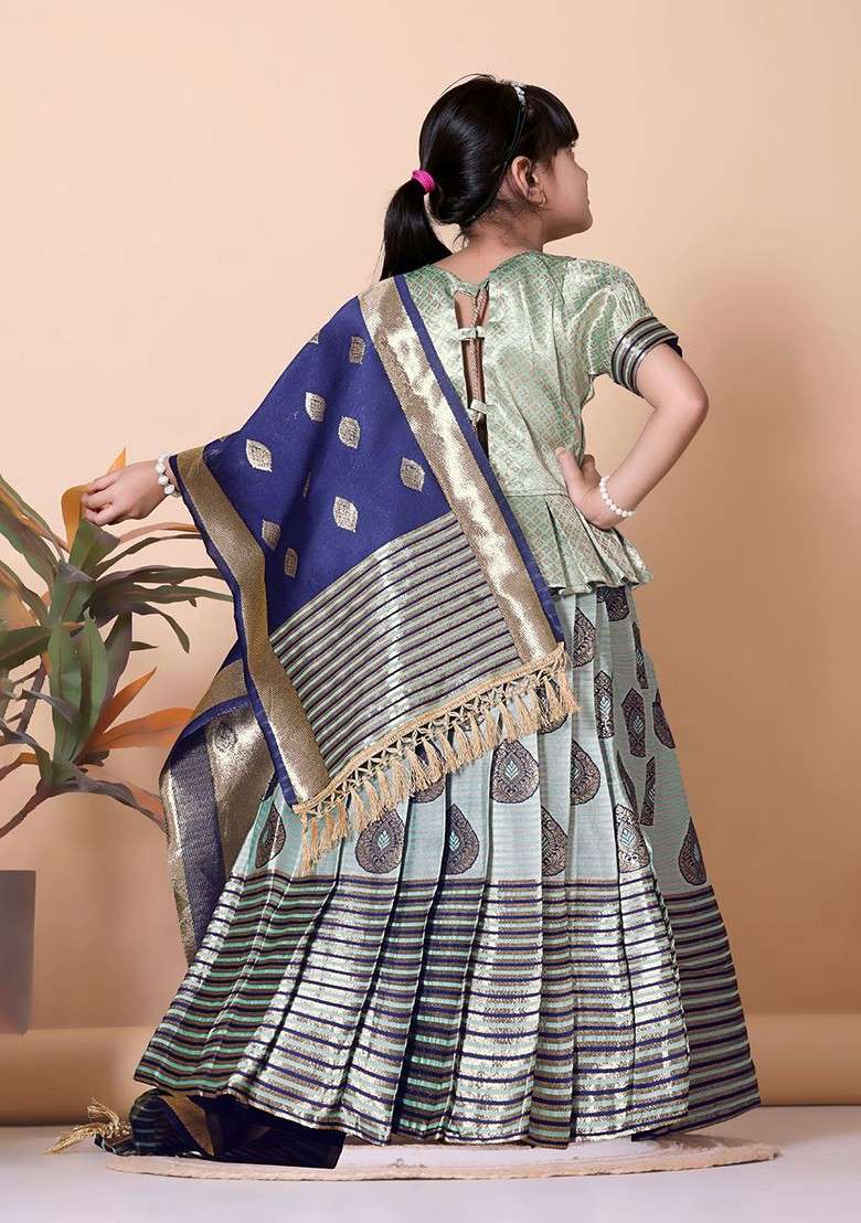 Sea Green Embroidered Blended Lehenga Choli For Girls - Indya