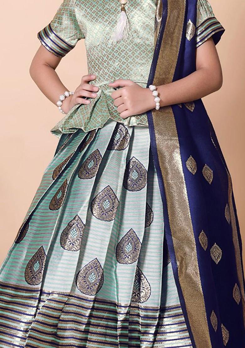 Sea Green Embroidered Blended Lehenga Choli For Girls - Indya
