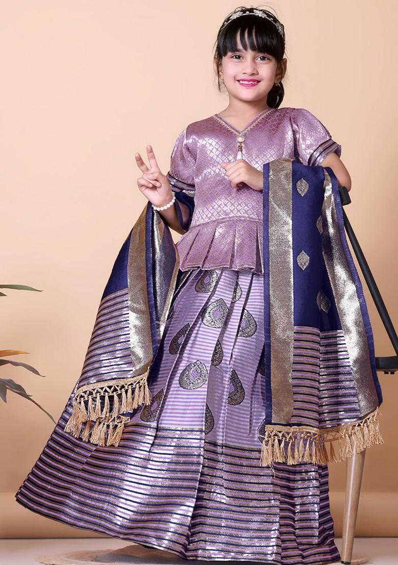 Purple Embroidered Blended Lehenga Choli For Girls - Indya