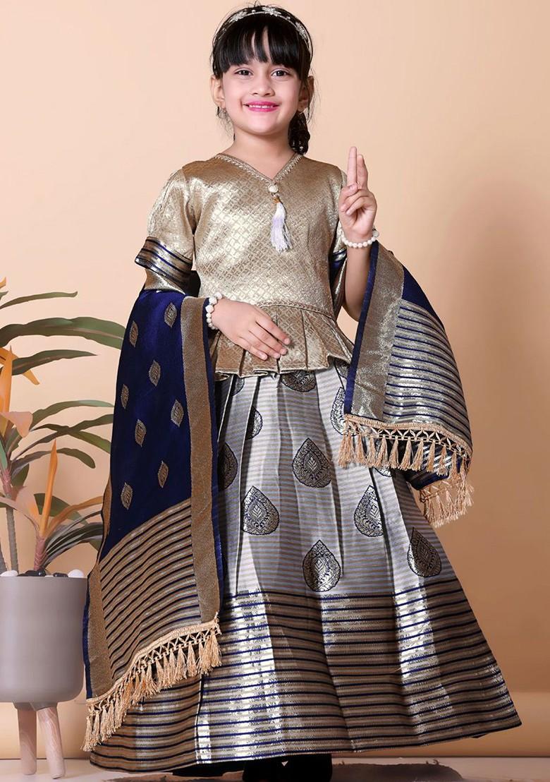 Beige Embroidered Blended Lehenga Choli For Girls - Indya