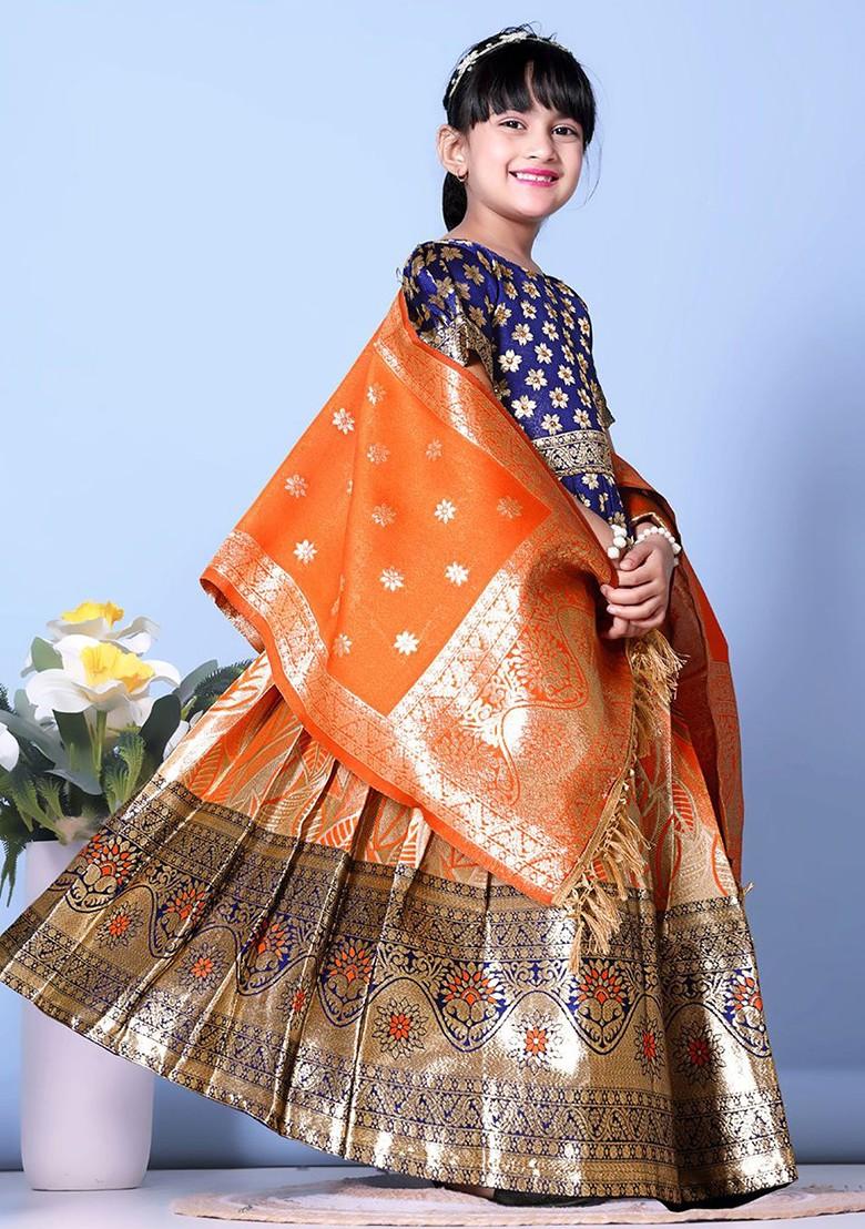 Orange Zari Blended Lehenga Choli For Girls - Indya